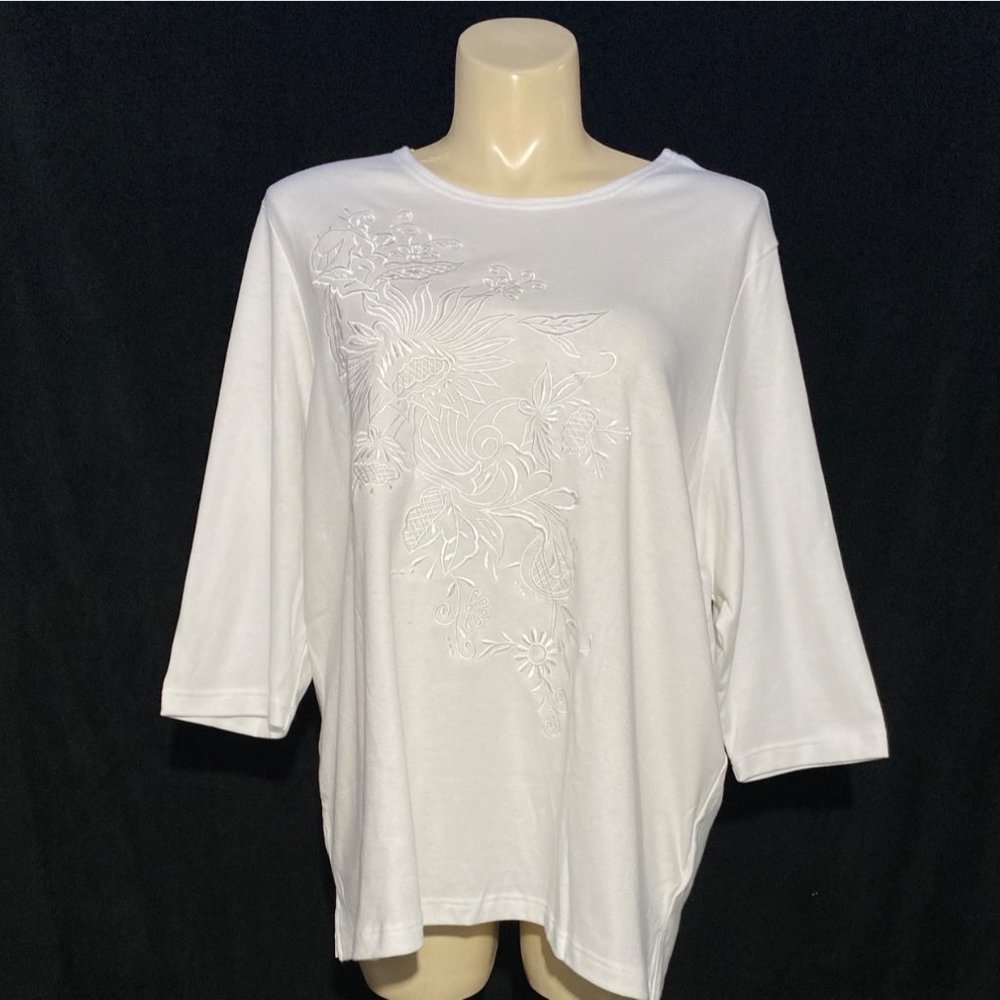 Blair 3XL New Top Tee Shirt True White Embroider Floral 3/4 Sl Stretch‎ Comfy
